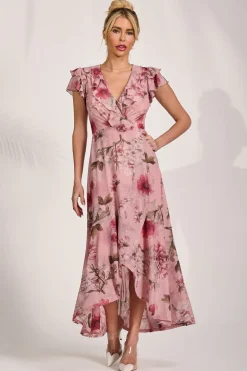 Ruffled Mesh Maxi Dress, Pink Floral