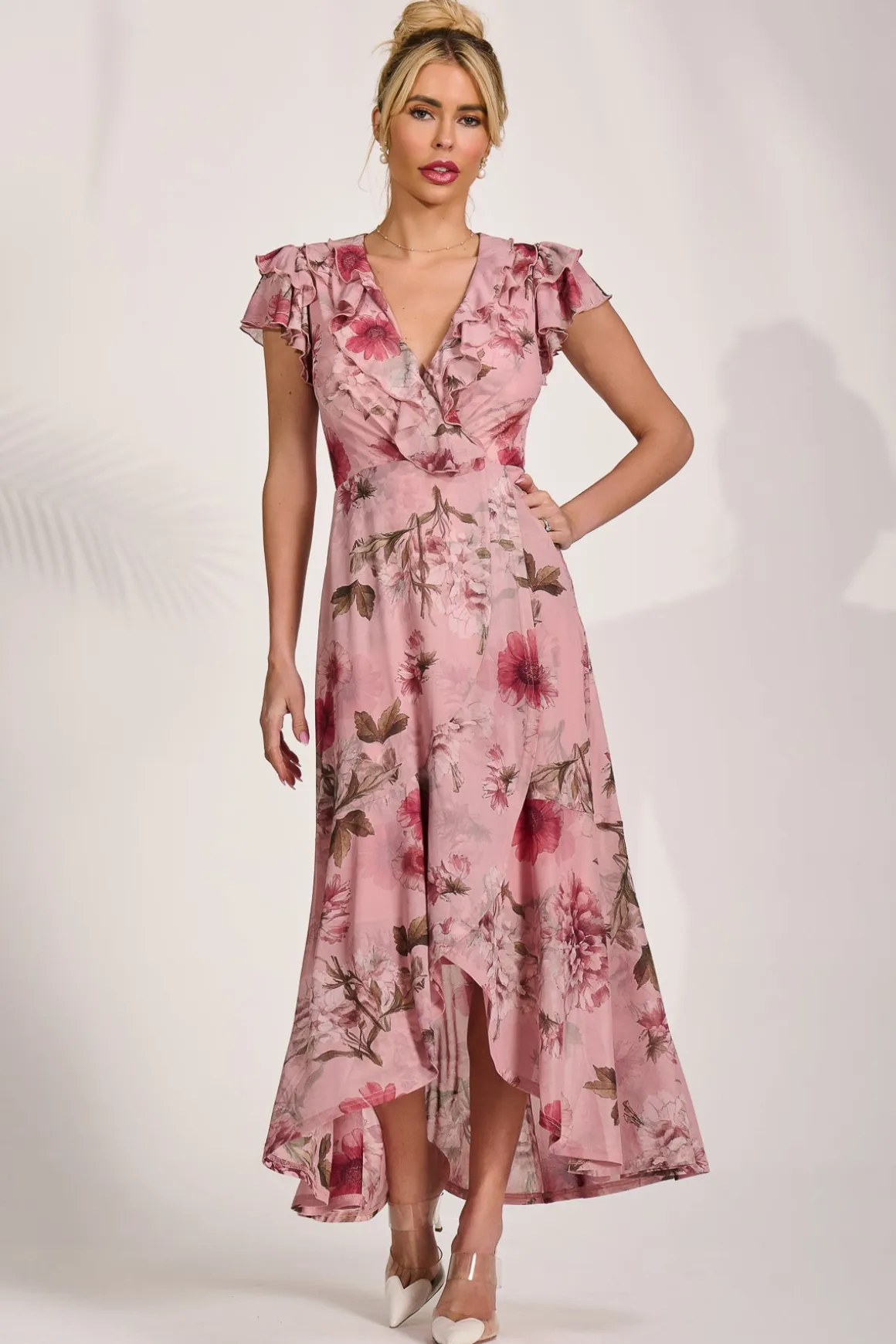 Ruffled Mesh Maxi Dress, Pink Floral