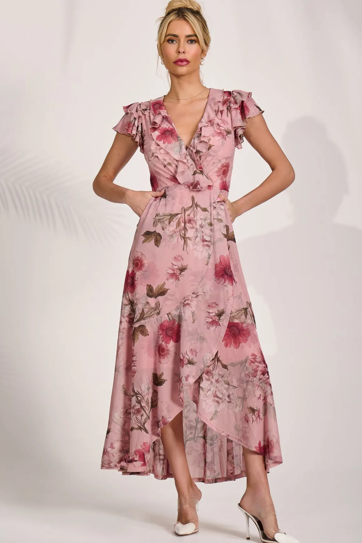 Ruffled Mesh Maxi Dress, Pink Floral