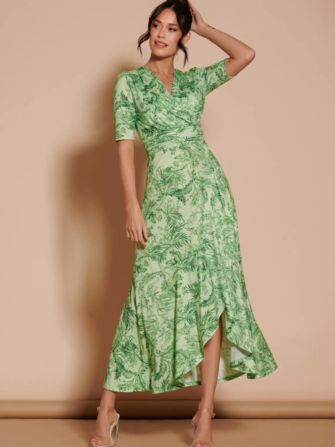 Ruffle Hem Jersey Maxi Dress, Green Leafy