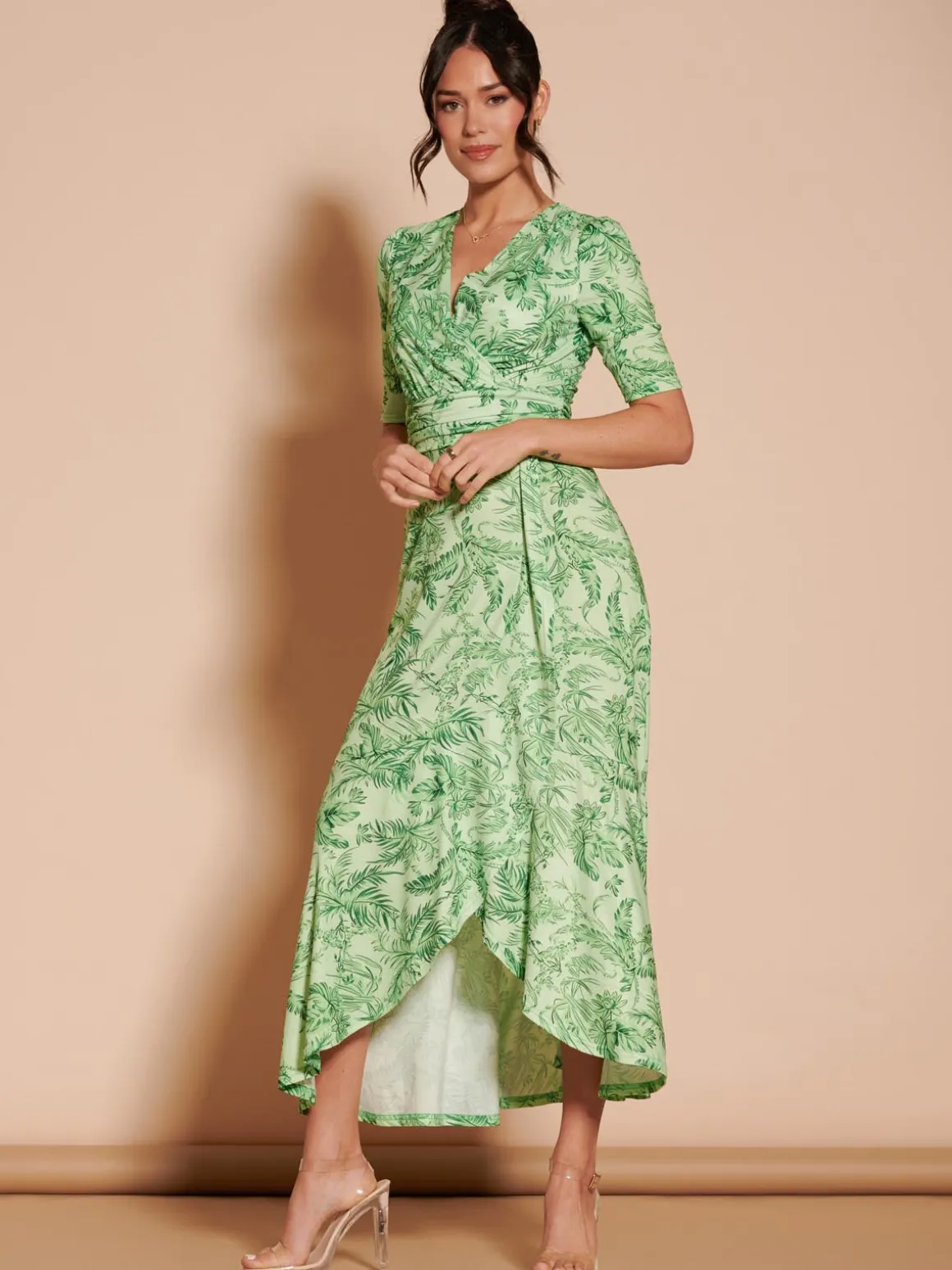 Ruffle Hem Jersey Maxi Dress, Green Leafy