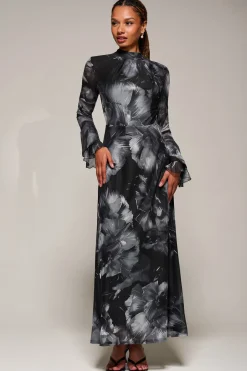 Ruffle Long Sleeve Mesh Maxi Dress, Black Abstract