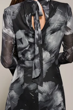 Ruffle Long Sleeve Mesh Maxi Dress, Black Abstract