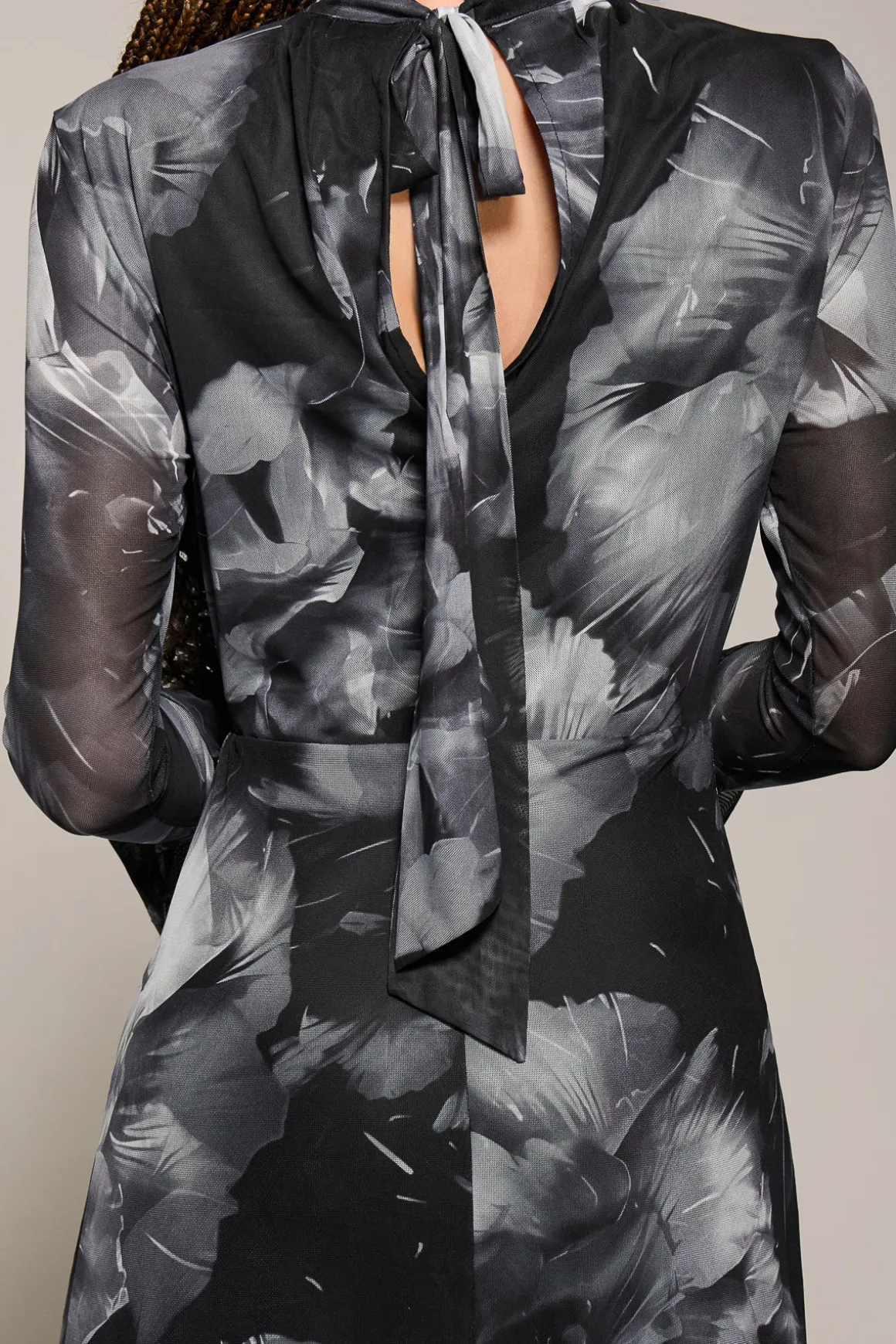 Ruffle Long Sleeve Mesh Maxi Dress, Black Abstract