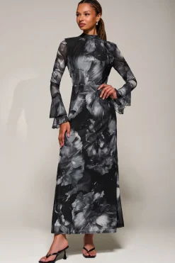 Ruffle Long Sleeve Mesh Maxi Dress, Black Abstract