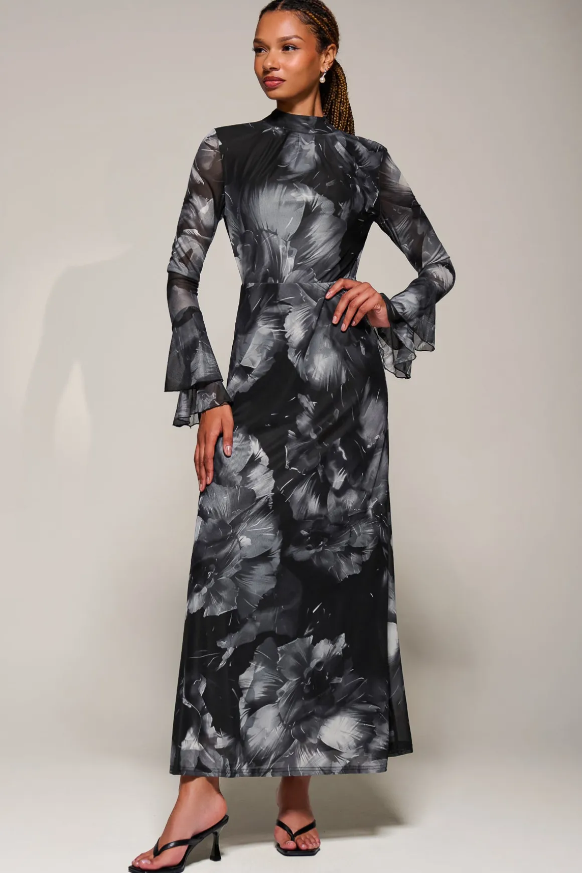 Ruffle Long Sleeve Mesh Maxi Dress, Black Abstract