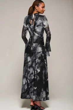 Ruffle Long Sleeve Mesh Maxi Dress, Black Abstract
