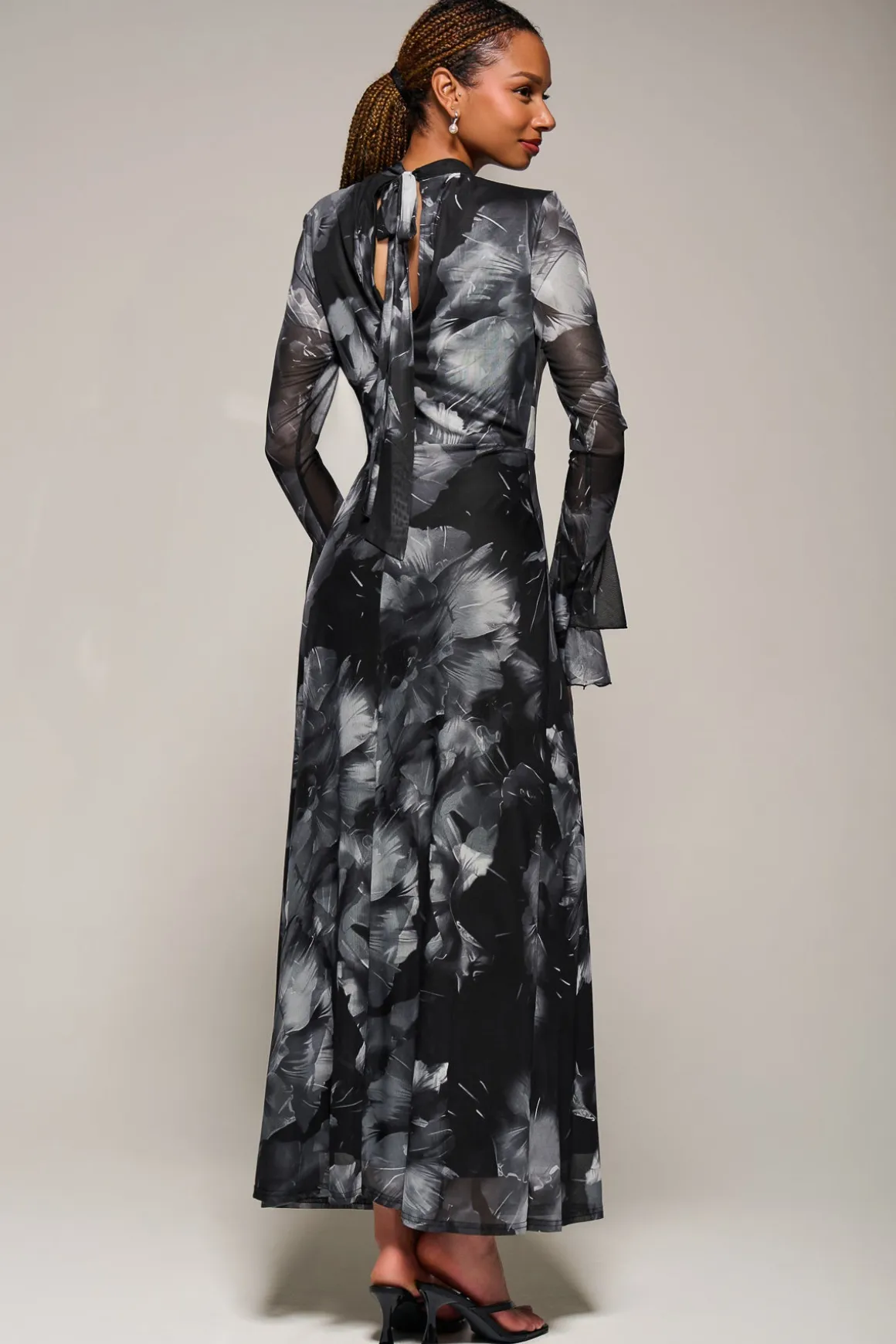 Ruffle Long Sleeve Mesh Maxi Dress, Black Abstract