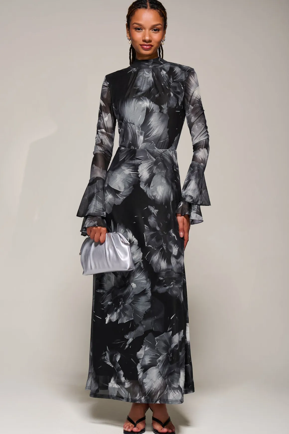 Ruffle Long Sleeve Mesh Maxi Dress, Black Abstract