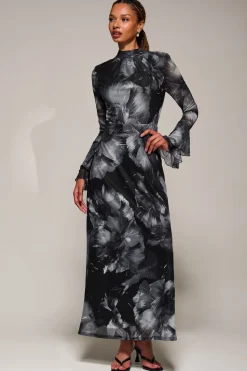 Ruffle Long Sleeve Mesh Maxi Dress, Black Abstract
