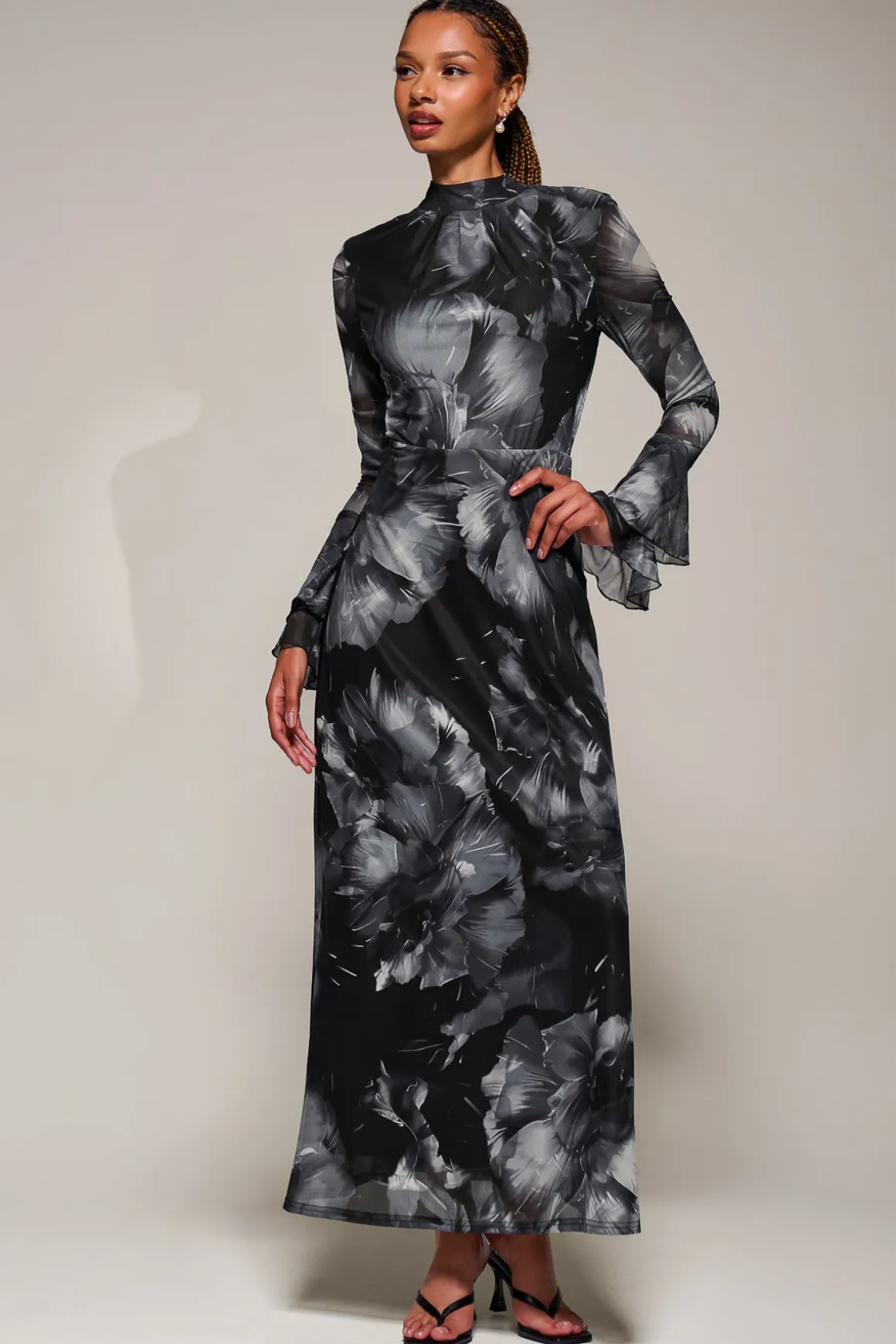 Ruffle Long Sleeve Mesh Maxi Dress, Black Abstract
