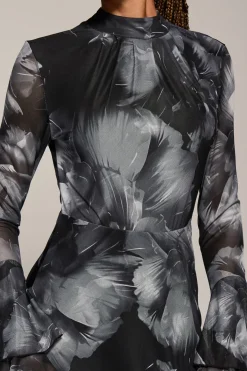 Ruffle Long Sleeve Mesh Maxi Dress, Black Abstract