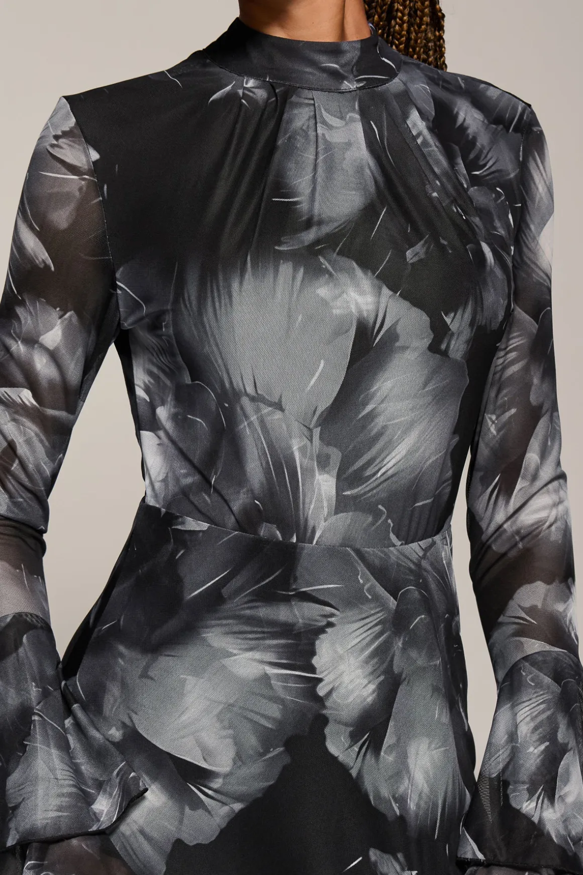 Ruffle Long Sleeve Mesh Maxi Dress, Black Abstract