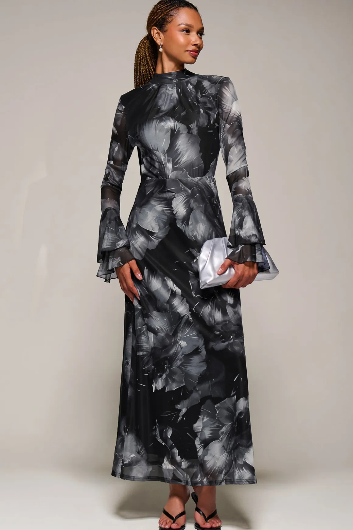 Ruffle Long Sleeve Mesh Maxi Dress, Black Abstract