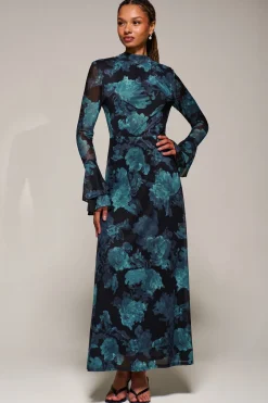 Ruffle Long Sleeve Mesh Maxi Dress, Blue Abstract