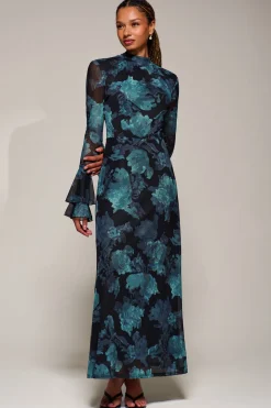 Ruffle Long Sleeve Mesh Maxi Dress, Blue Abstract