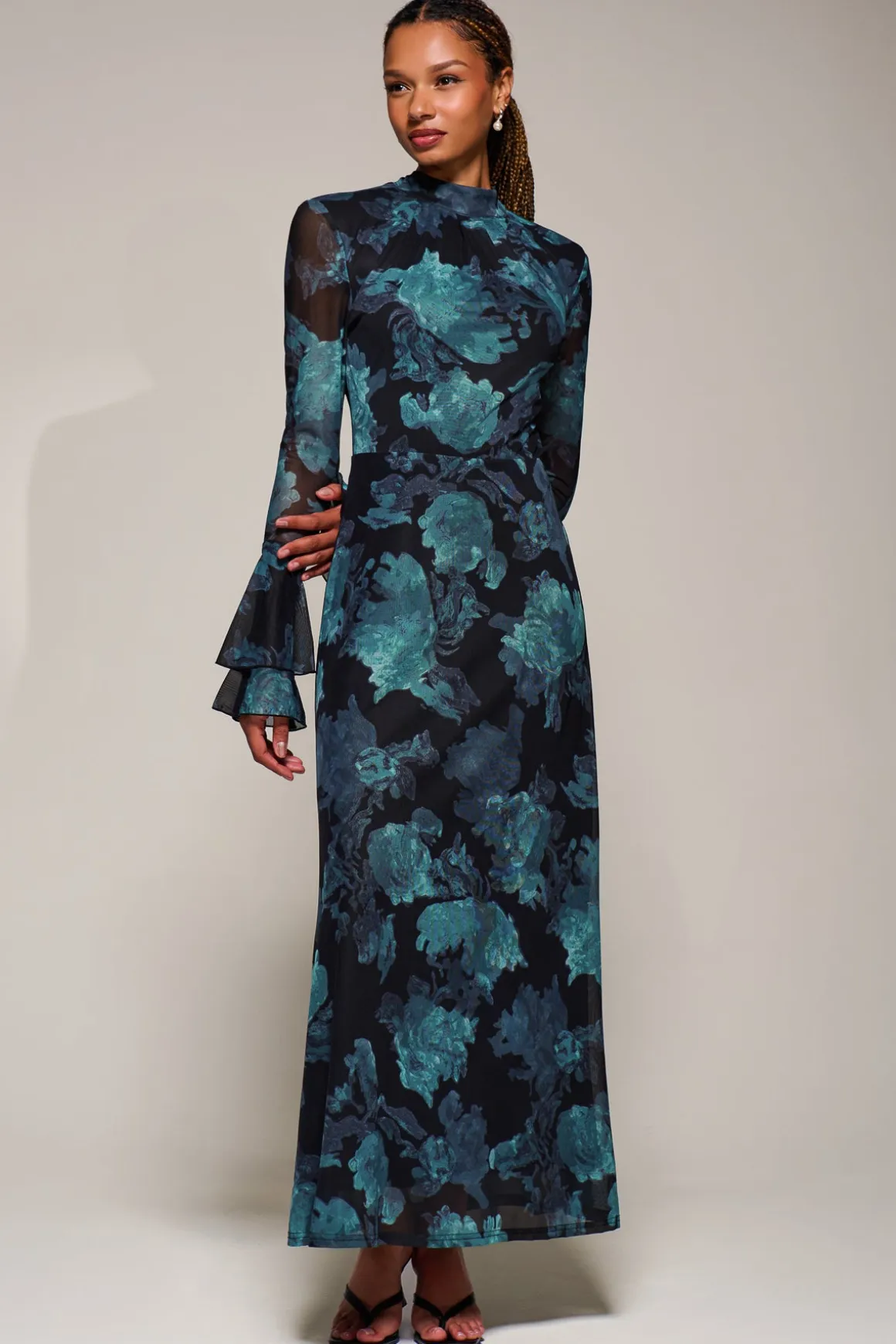 Ruffle Long Sleeve Mesh Maxi Dress, Blue Abstract