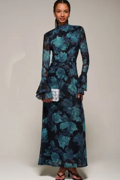 Ruffle Long Sleeve Mesh Maxi Dress, Blue Abstract