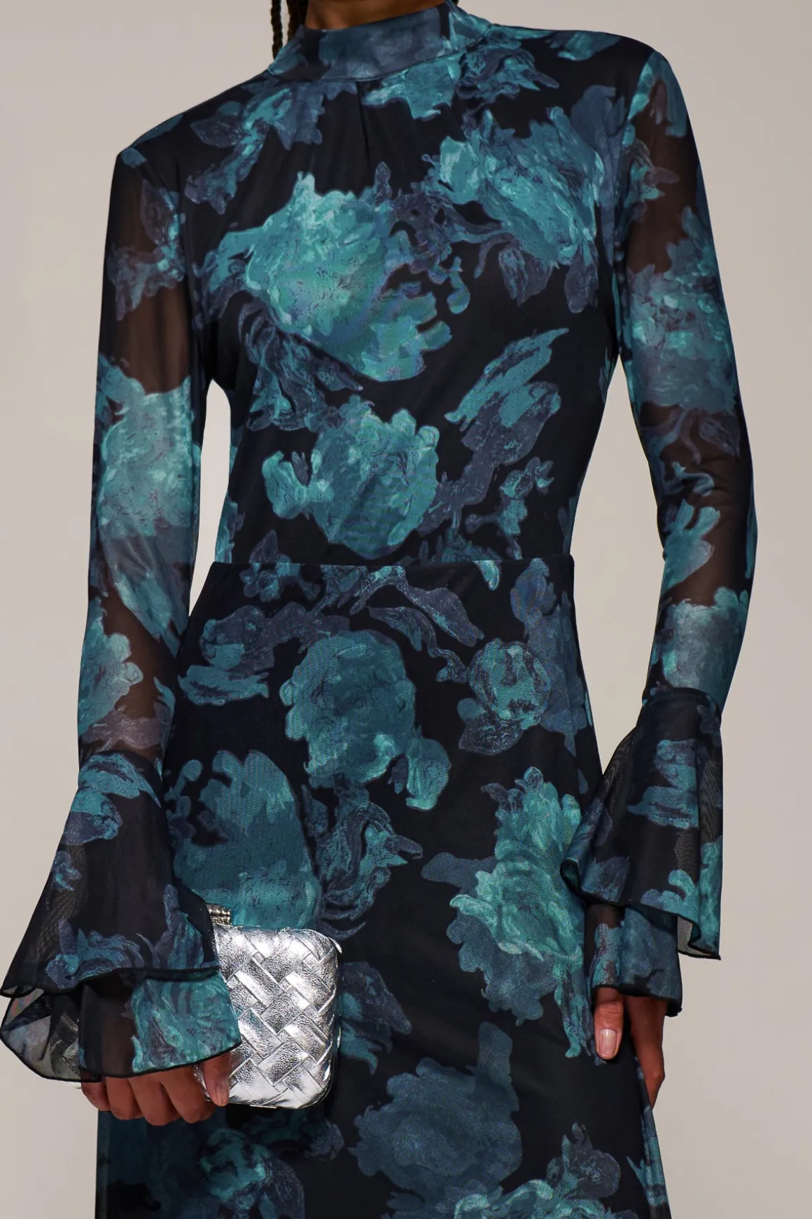 Ruffle Long Sleeve Mesh Maxi Dress, Blue Abstract