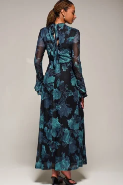 Ruffle Long Sleeve Mesh Maxi Dress, Blue Abstract