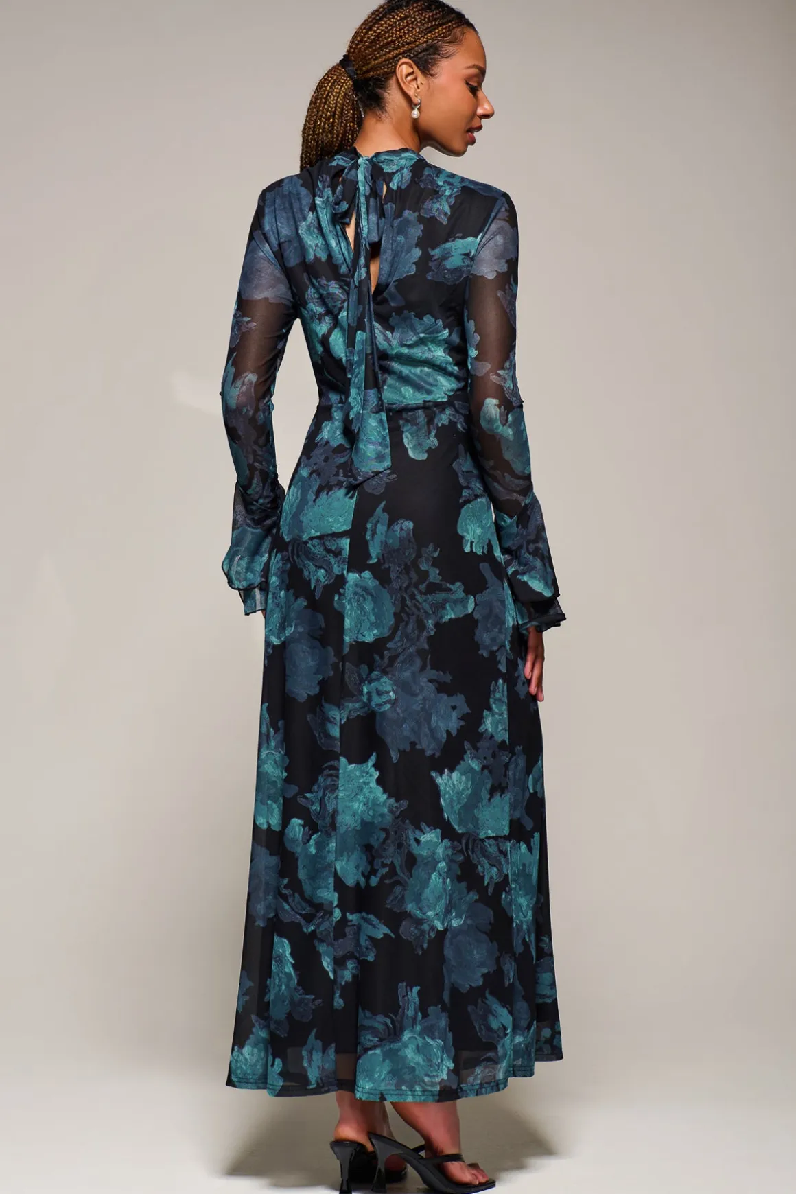 Ruffle Long Sleeve Mesh Maxi Dress, Blue Abstract