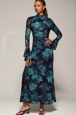 Ruffle Long Sleeve Mesh Maxi Dress, Blue Abstract