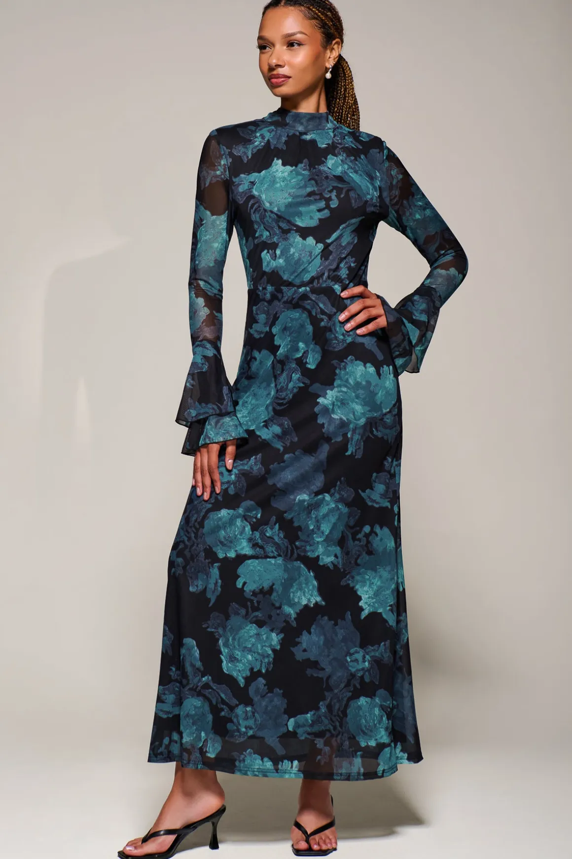 Ruffle Long Sleeve Mesh Maxi Dress, Blue Abstract