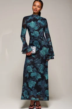 Ruffle Long Sleeve Mesh Maxi Dress, Blue Abstract
