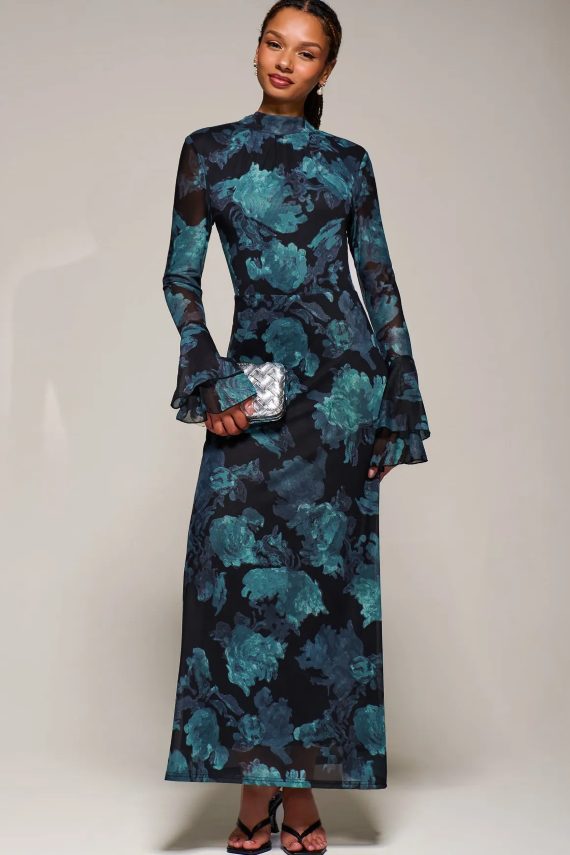 Ruffle Long Sleeve Mesh Maxi Dress, Blue Abstract