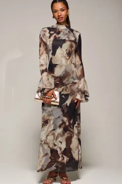 Ruffle Long Sleeve Mesh Maxi Dress, Brown Abstract