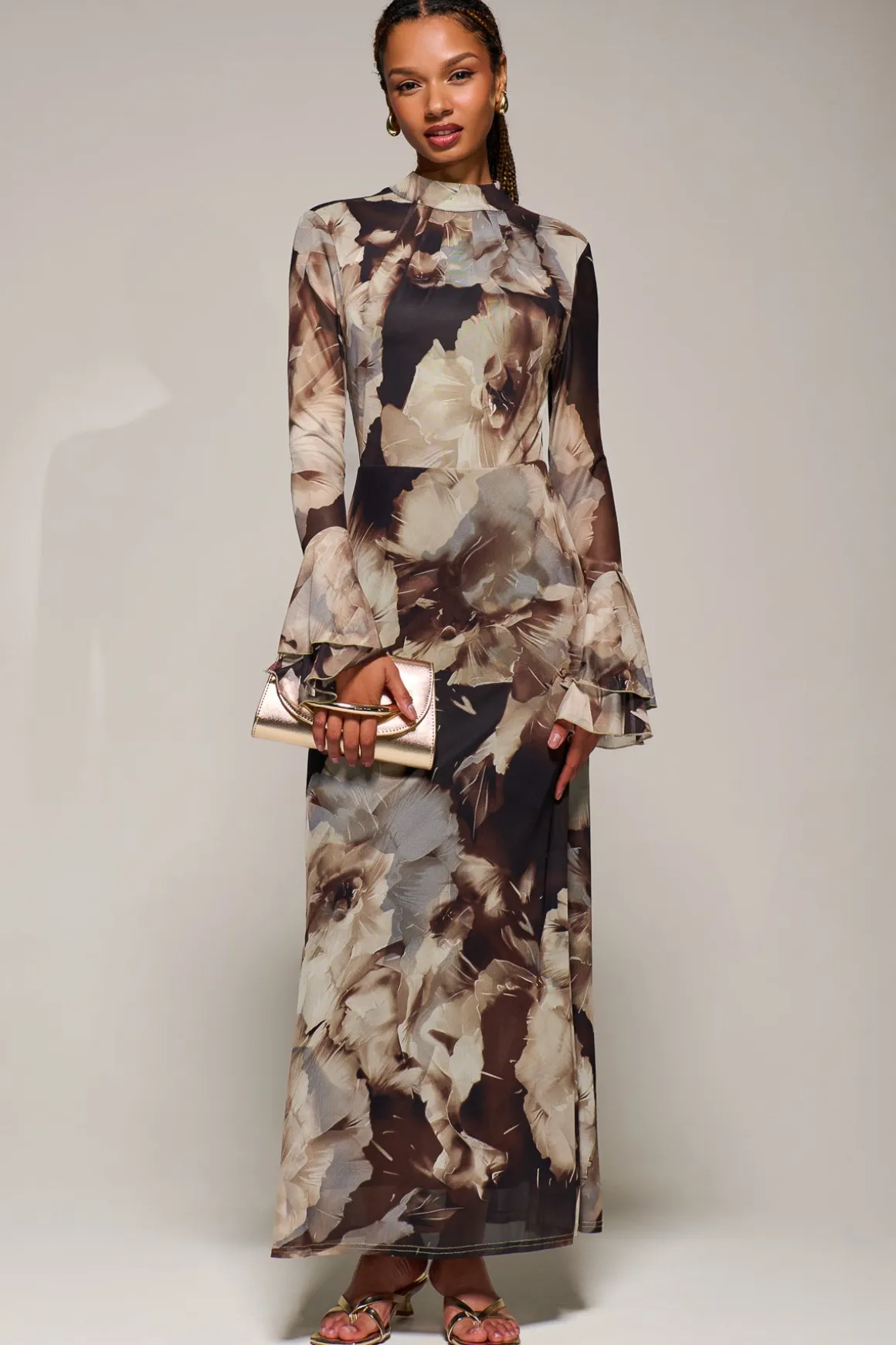 Ruffle Long Sleeve Mesh Maxi Dress, Brown Abstract