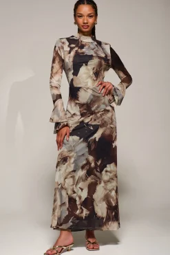 Ruffle Long Sleeve Mesh Maxi Dress, Brown Abstract