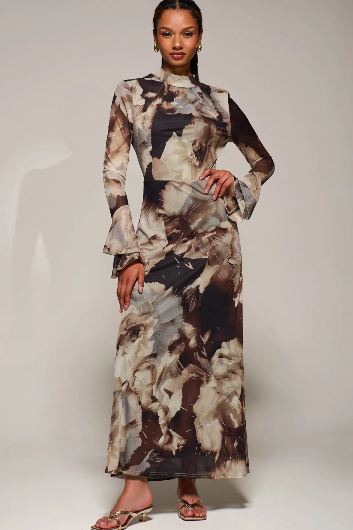 Ruffle Long Sleeve Mesh Maxi Dress, Brown Abstract