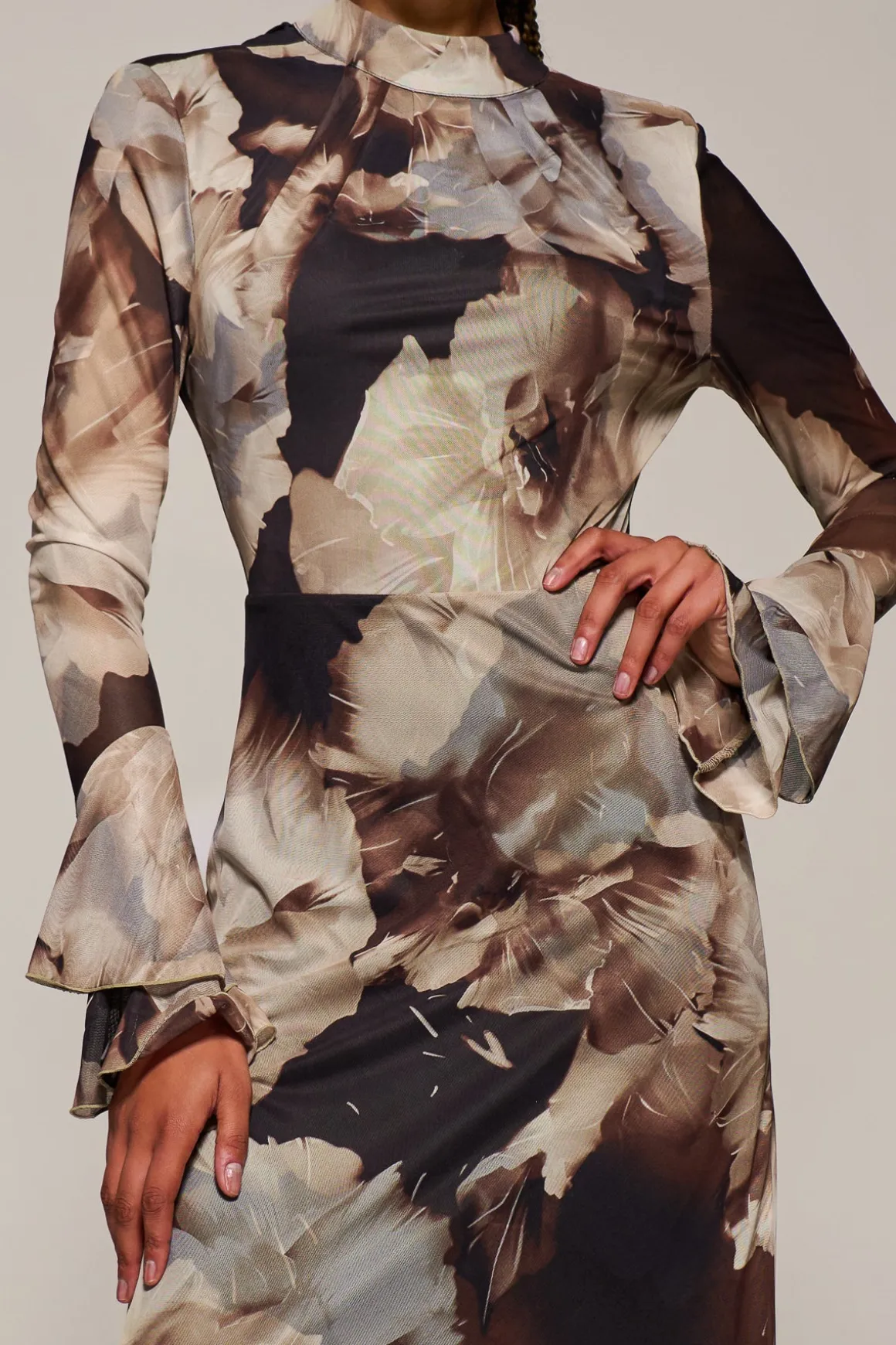 Ruffle Long Sleeve Mesh Maxi Dress, Brown Abstract