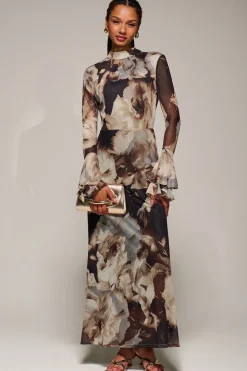 Ruffle Long Sleeve Mesh Maxi Dress, Brown Abstract