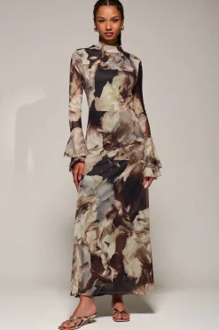 Ruffle Long Sleeve Mesh Maxi Dress, Brown Abstract