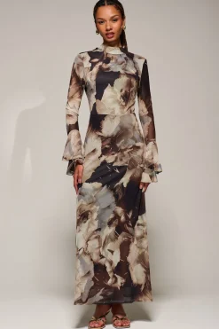 Ruffle Long Sleeve Mesh Maxi Dress, Brown Abstract