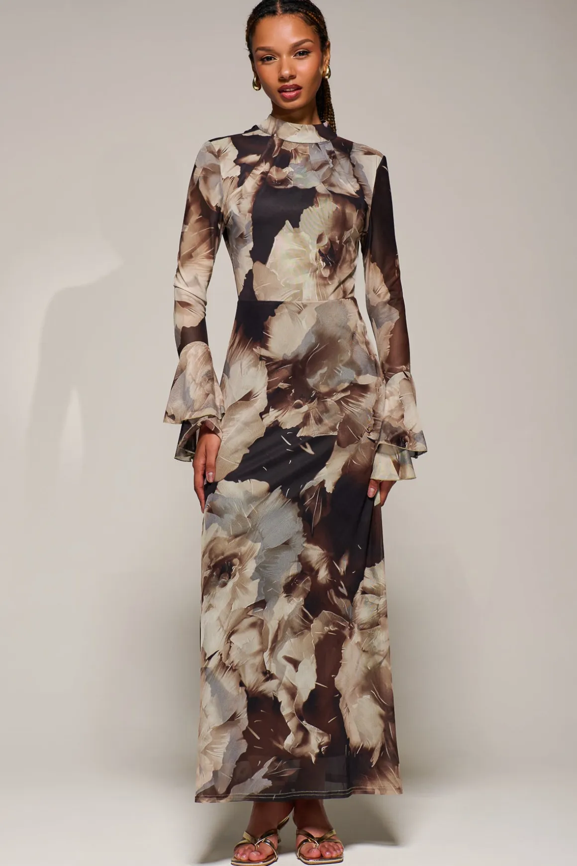 Ruffle Long Sleeve Mesh Maxi Dress, Brown Abstract