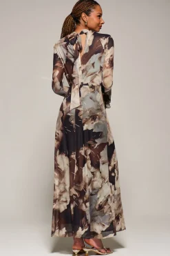 Ruffle Long Sleeve Mesh Maxi Dress, Brown Abstract