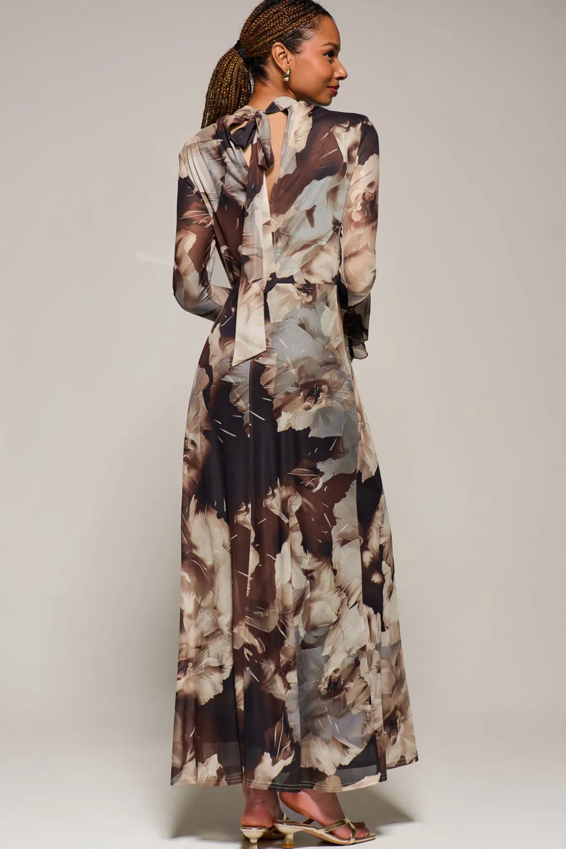 Ruffle Long Sleeve Mesh Maxi Dress, Brown Abstract