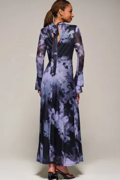 Ruffle Long Sleeve Mesh Maxi Dress, Purple Abstract