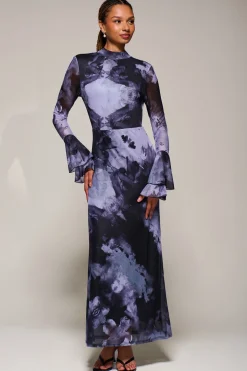 Ruffle Long Sleeve Mesh Maxi Dress, Purple Abstract