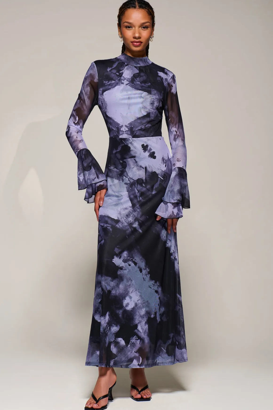 Ruffle Long Sleeve Mesh Maxi Dress, Purple Abstract