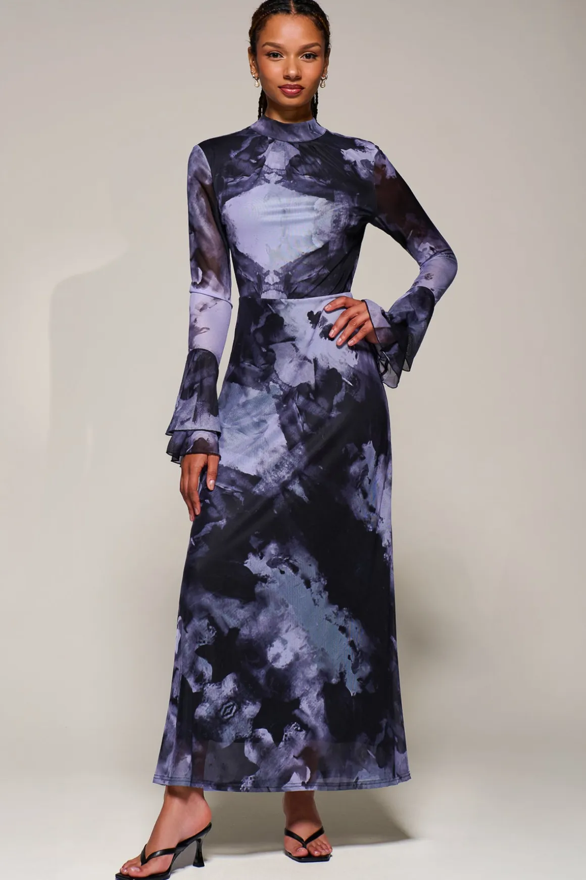 Ruffle Long Sleeve Mesh Maxi Dress, Purple Abstract