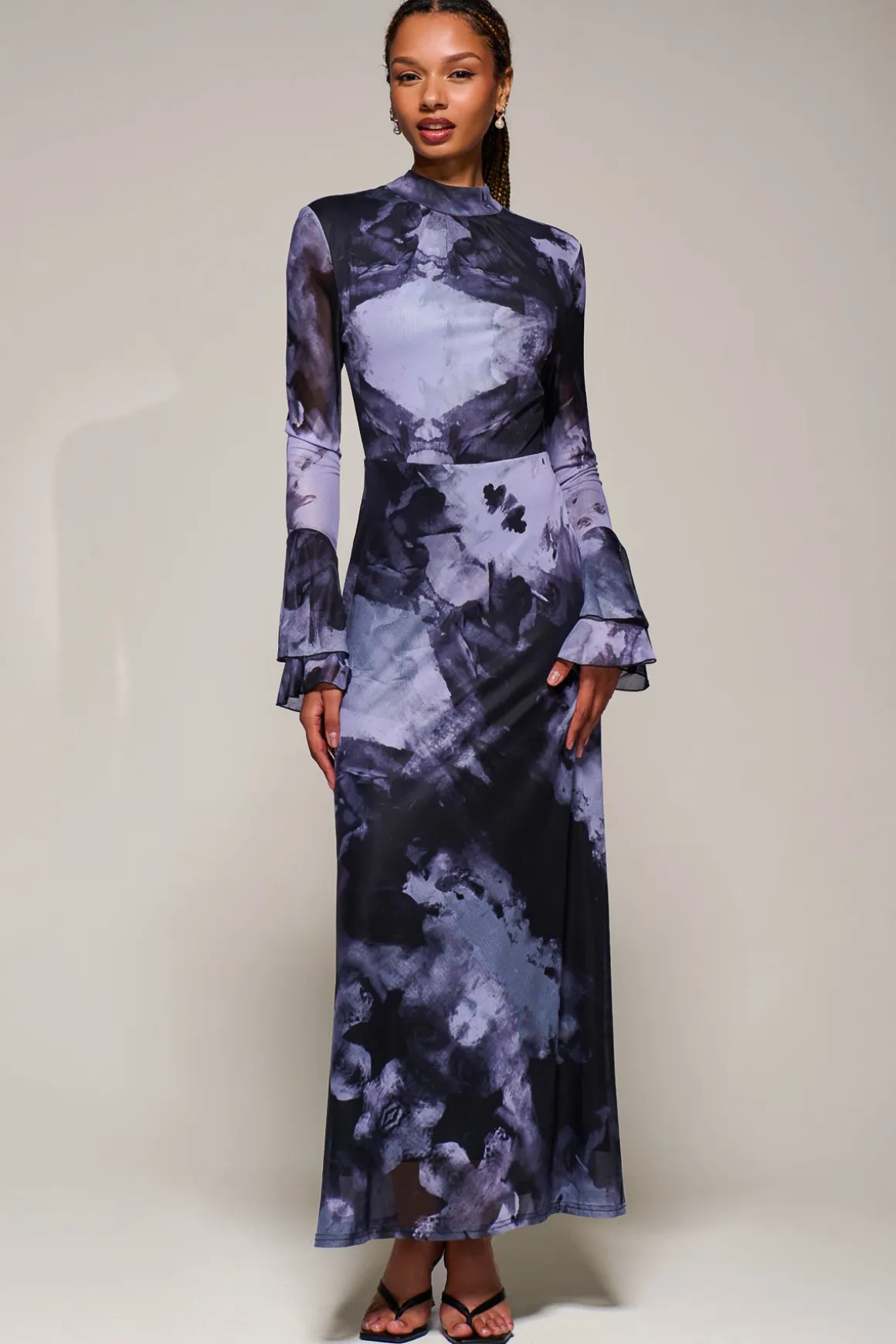 Ruffle Long Sleeve Mesh Maxi Dress, Purple Abstract