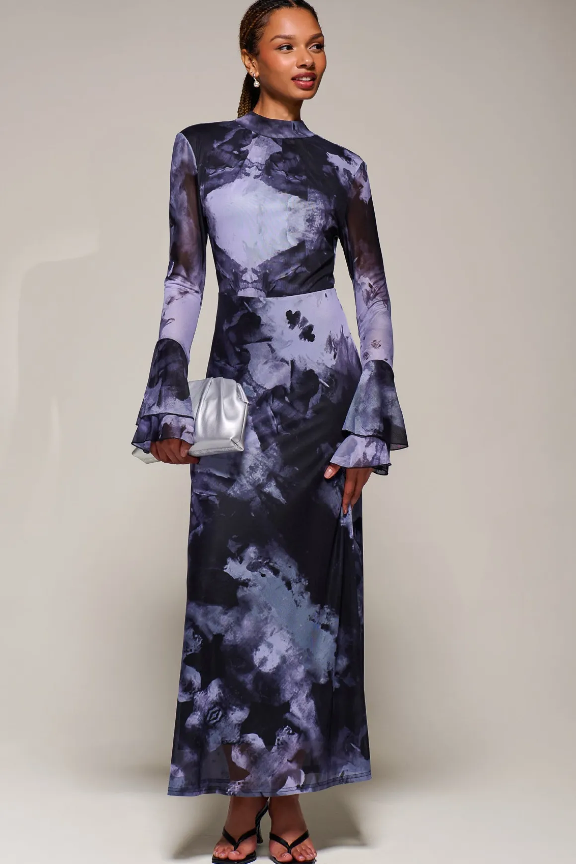 Ruffle Long Sleeve Mesh Maxi Dress, Purple Abstract