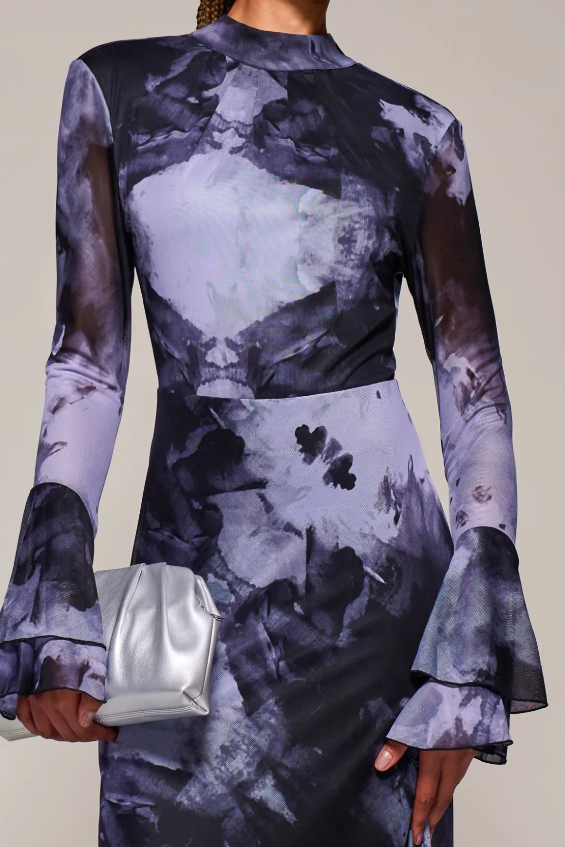 Ruffle Long Sleeve Mesh Maxi Dress, Purple Abstract
