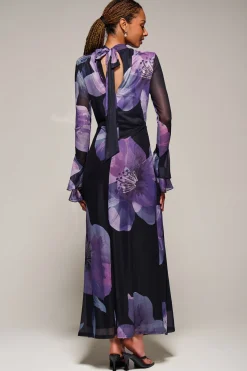 Ruffle Long Sleeve Mesh Maxi Dress, Purple Floral