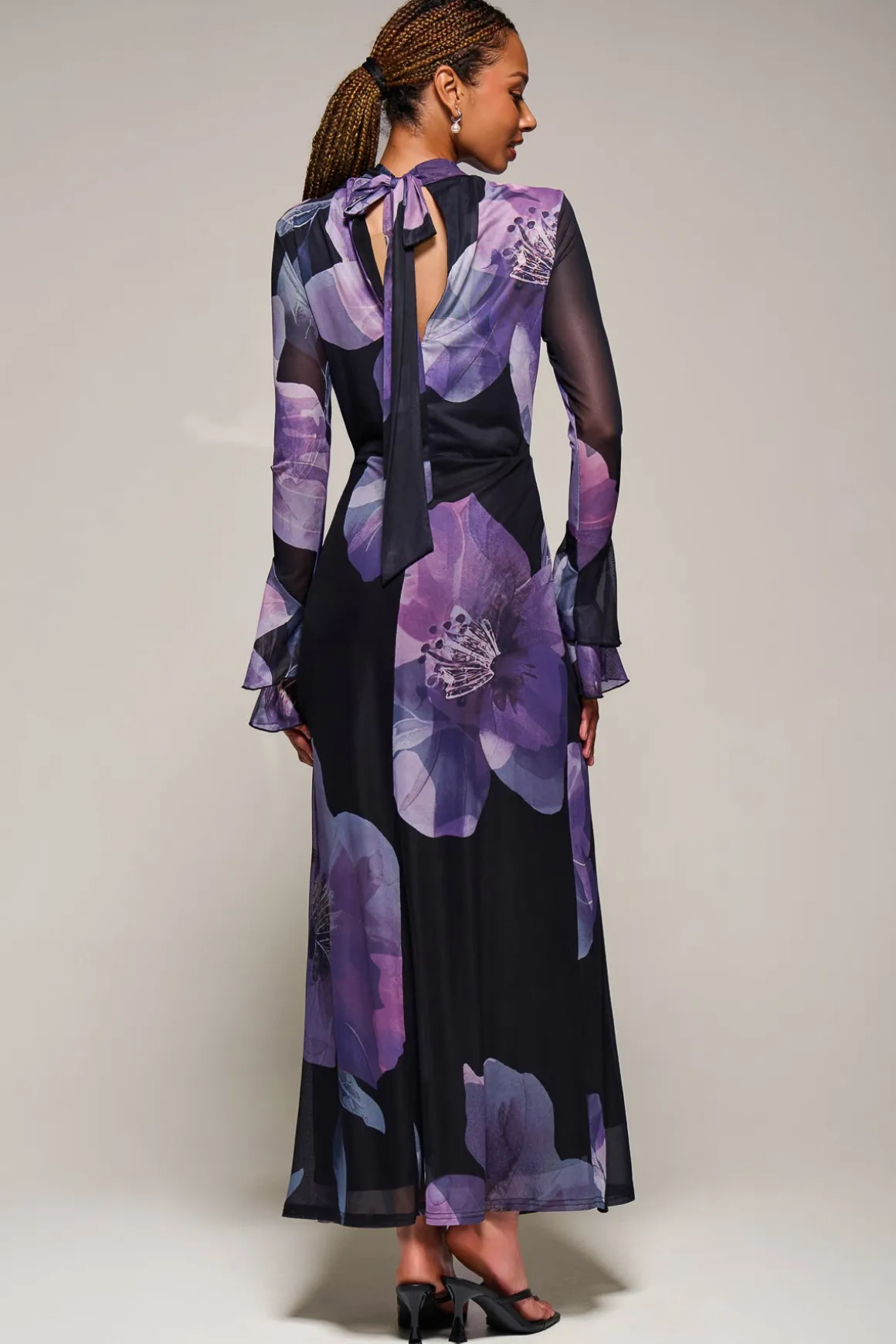 Ruffle Long Sleeve Mesh Maxi Dress, Purple Floral