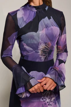 Ruffle Long Sleeve Mesh Maxi Dress, Purple Floral